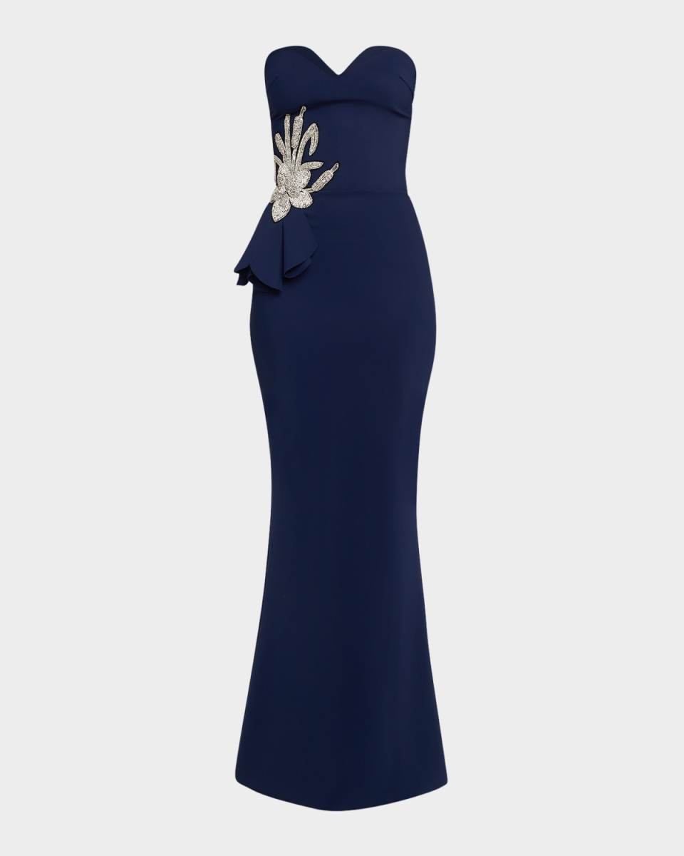Strapless Flower-Embellished Mermaid Gown